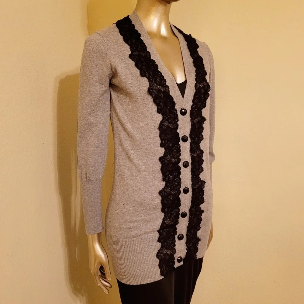 VENUS Heather Grey Long Line Cardigan Sweater With Lace Trim Sz Small